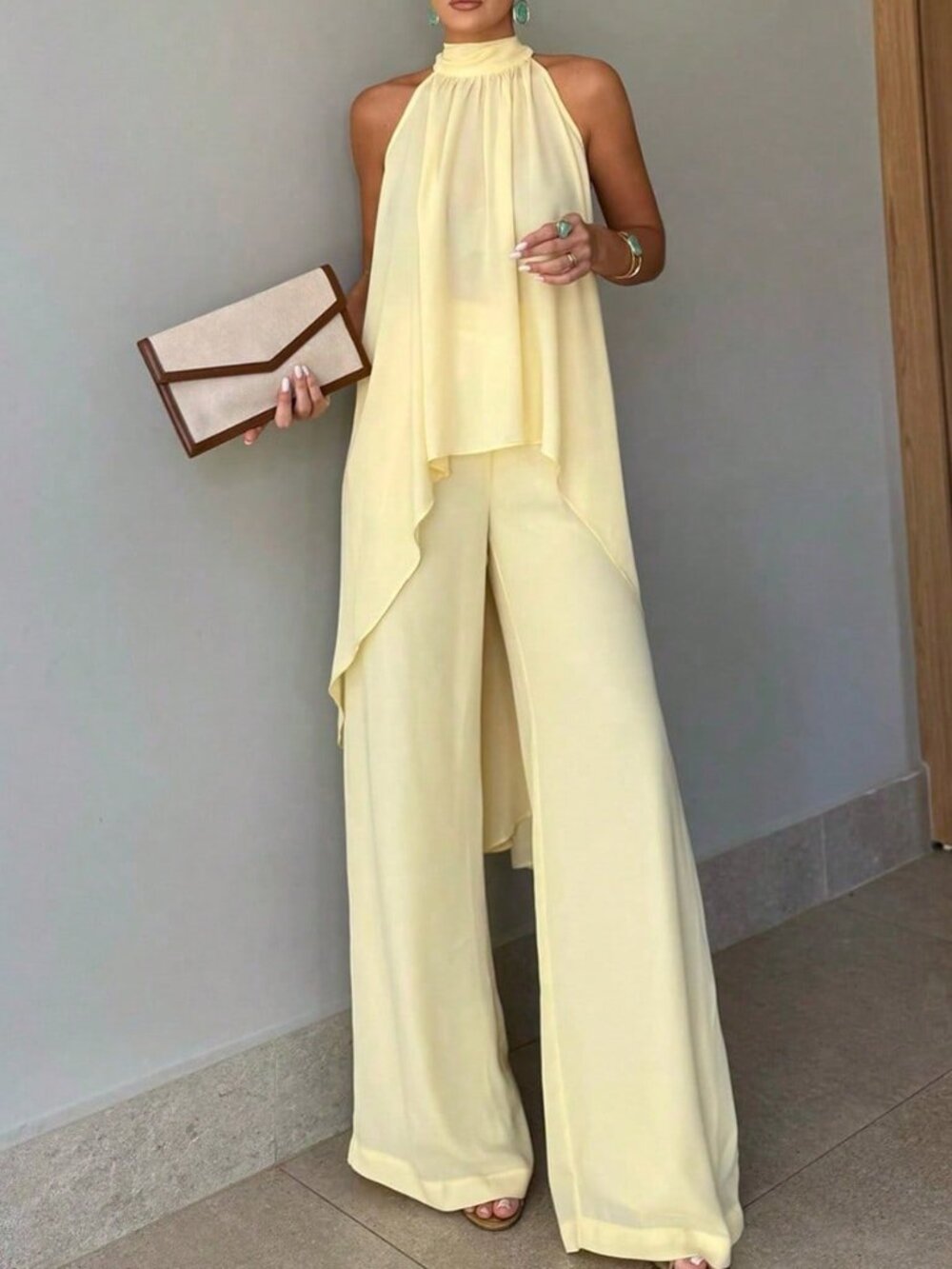 Yellow Elegant Women's Knotted Halter Asymmetric Hem Top and Long Pants Set